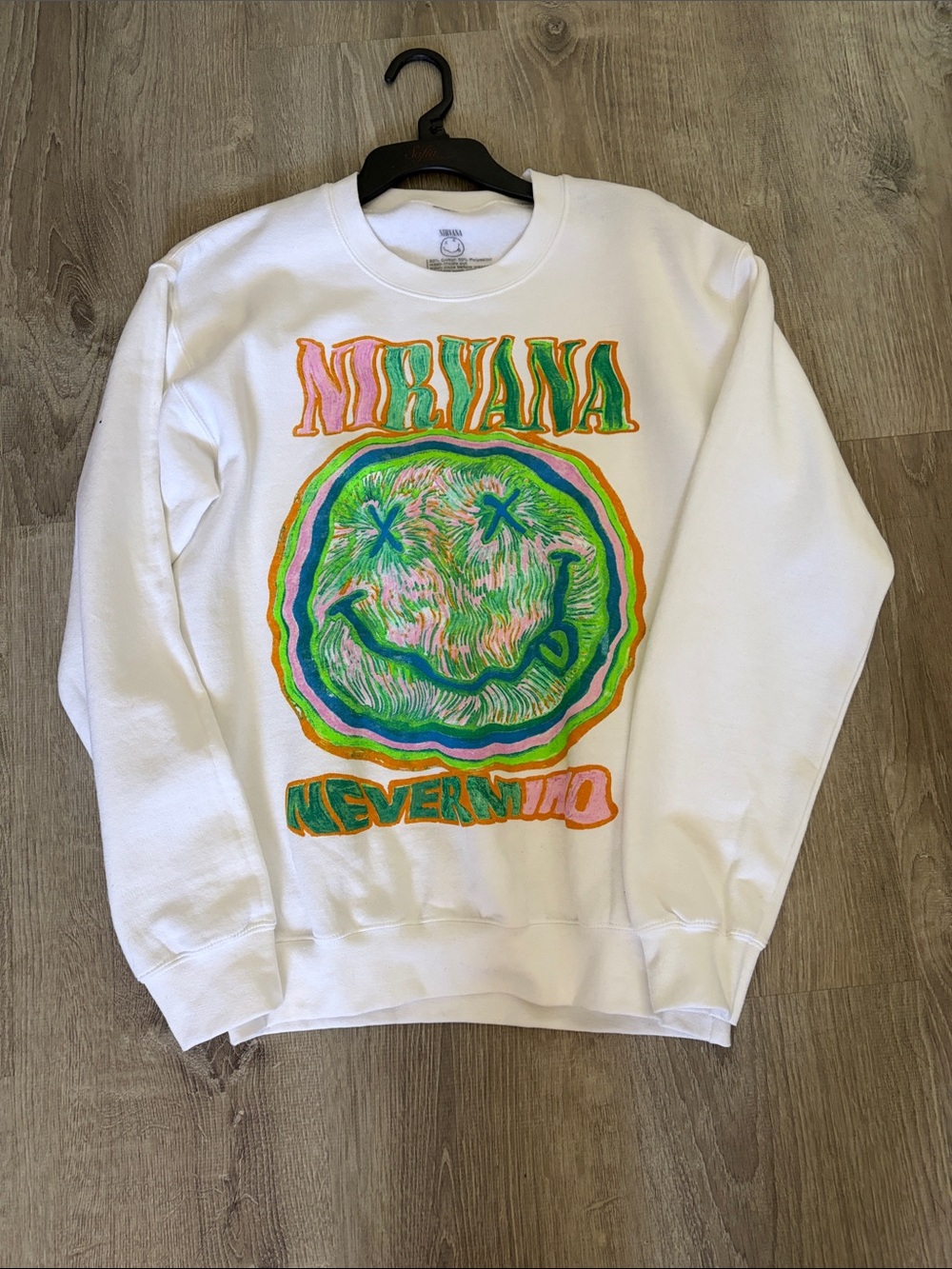NIRVANA White Crewneck with Neon Smiley Graphic